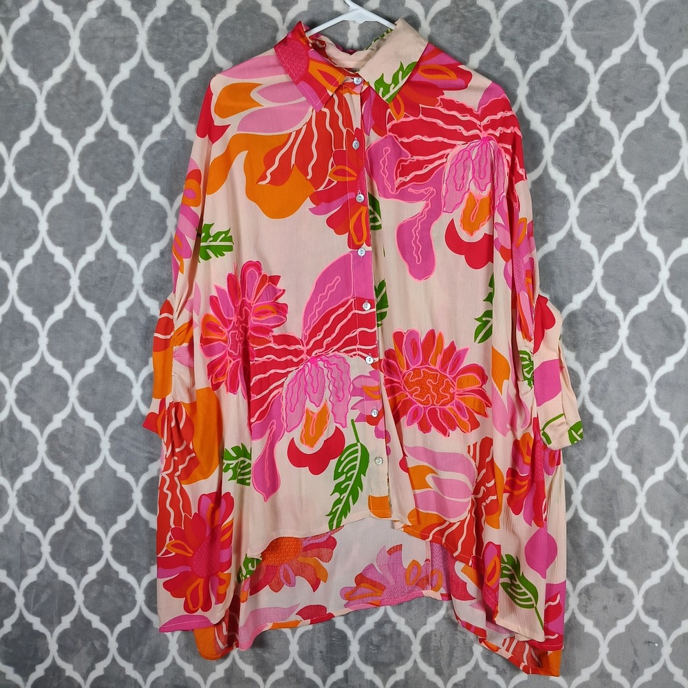 Gold & Silver Paris Top Womens OS Pink Orange Floral Oversized Resort Dress